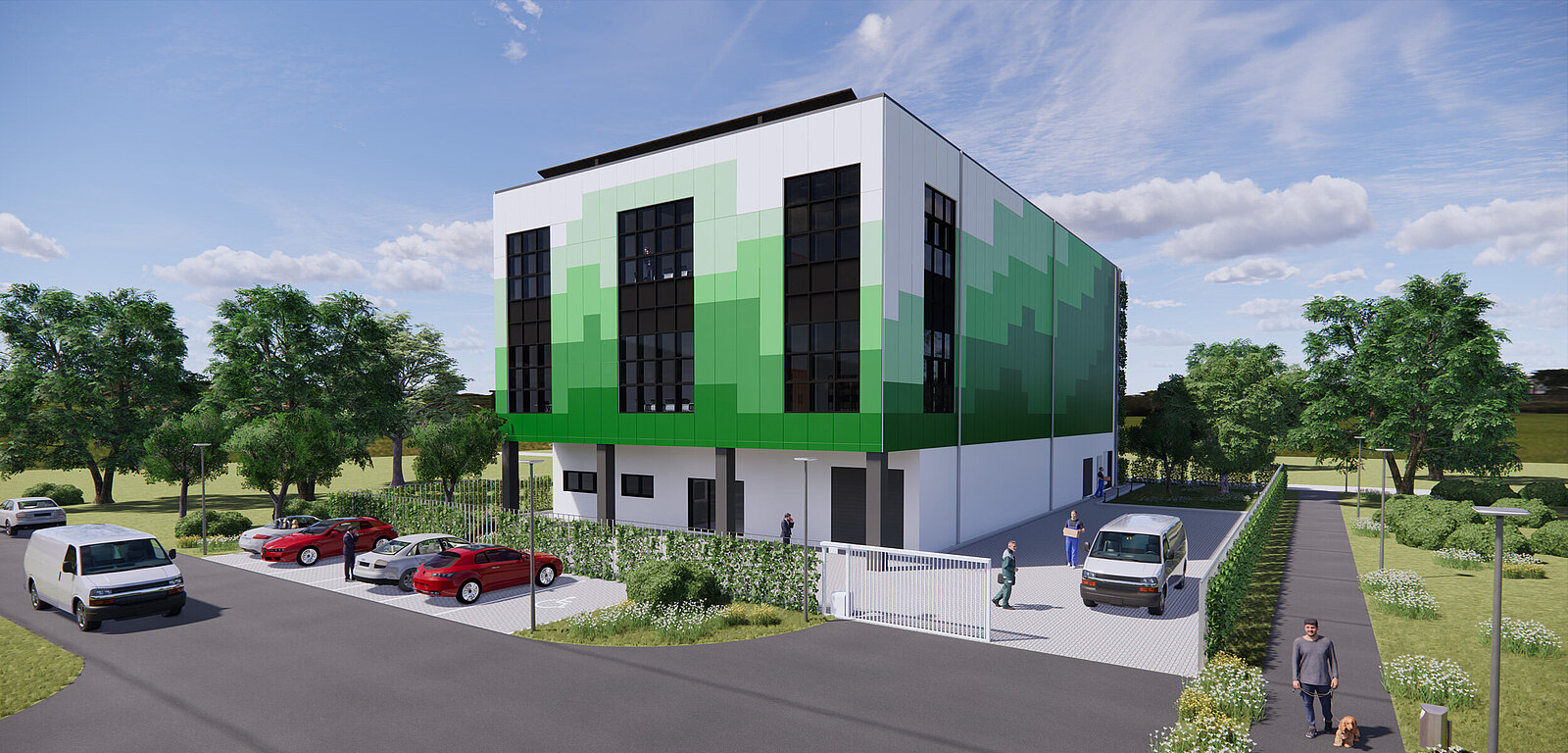 Grafik eines Gebäudes im modernen Stil. Herum ein Auto, Menschen, Autos und Grünfläche mit Bäumen