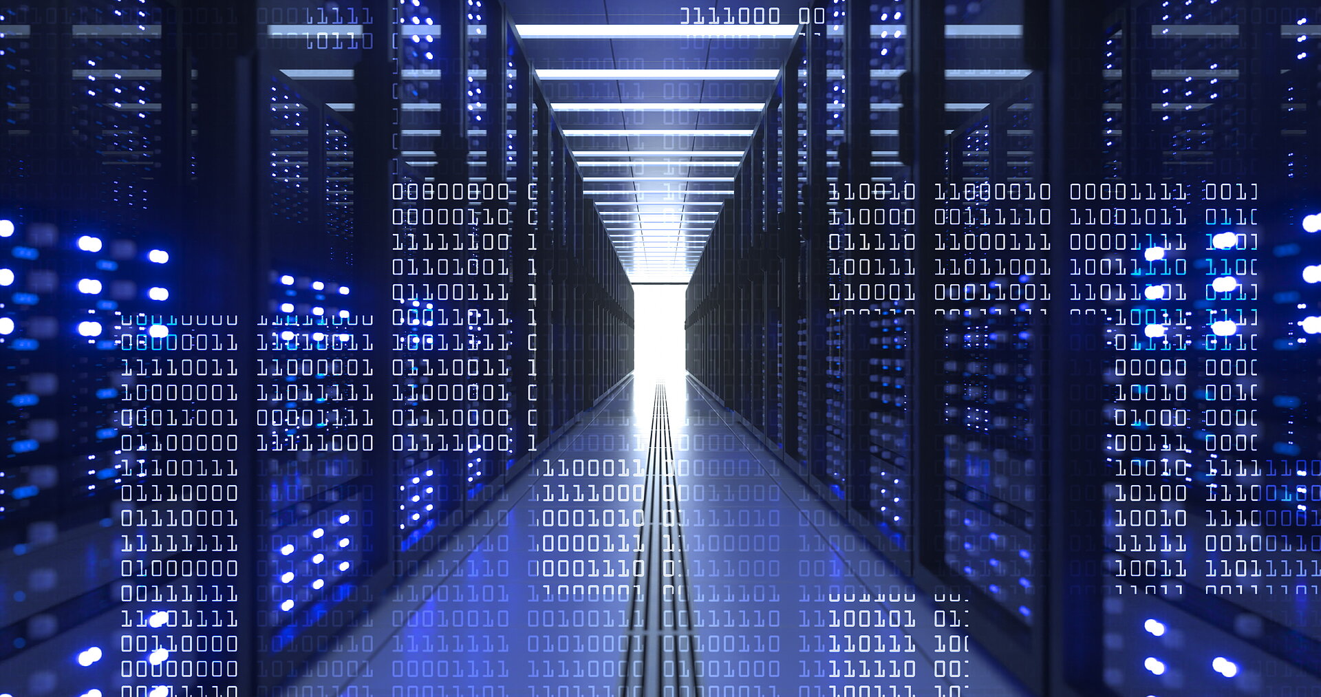 Server racks in a high-performance data center with binary code representation in the foreground.