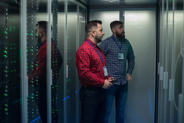 Zwei Männer im Rechenzentrum schauen sich Server-Racks an