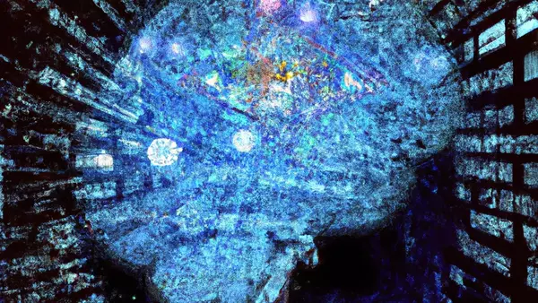 KI generierte Grafik die künstliche Intelligenz abbildet in Form von fliegenden Zahlen und Daten im Raum und einem digitalen Gehirn