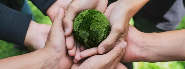 Several hands hold a small miniature earth in green