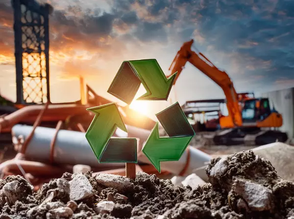 Baustellensituation mit dem Recyclingzeichen eingebettet. Im Hintergrund ein orangener Bagger