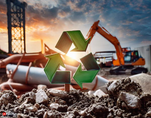 Construction site situation embedded with the recycling sign. An orange excavator in the background