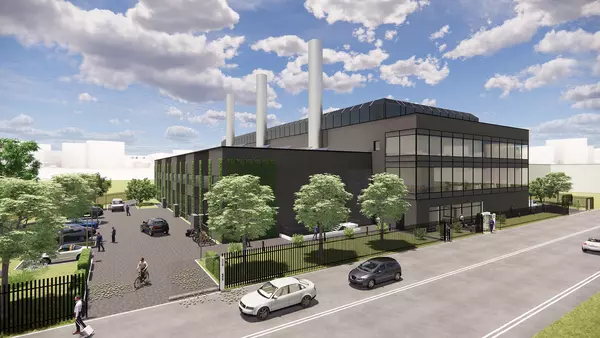 Visualisierung Rechenzentrum Bad Vilbel. Gebäude, daneben Menschen, Autos und Bäume