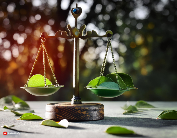 Court scales with green leaves on them, more leaves below, a forest in the background