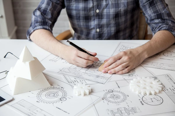 Technical product designer creates a drawing