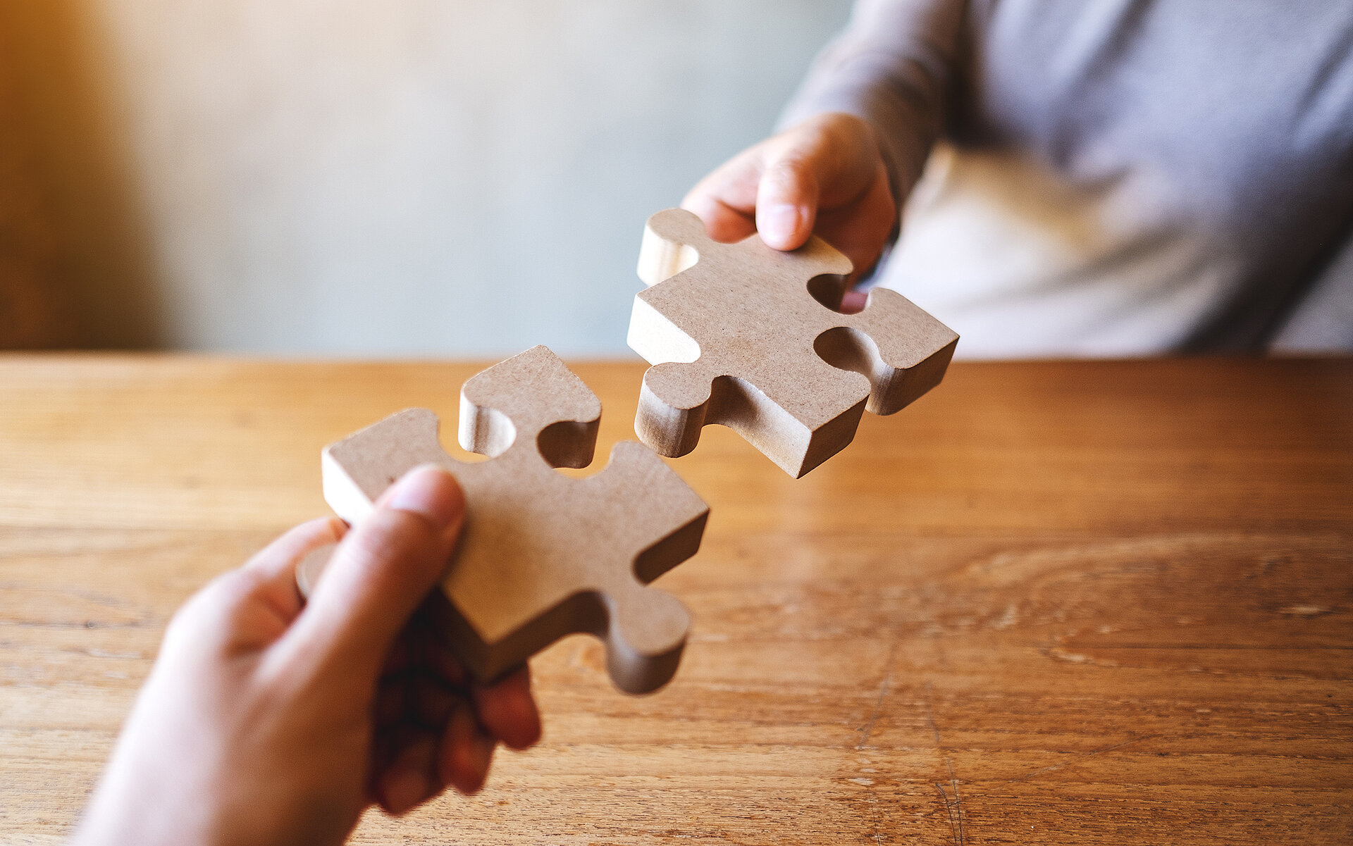 2 Menschen haben jeweils ein Puzzleteil in der Hand