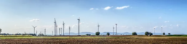 diverse Windräder auf einem Feld