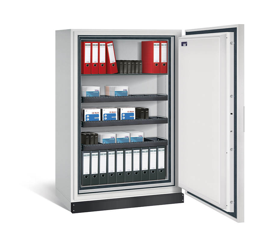 DC IT DataSafe S - Safe gefüllt mit roten und schwarzen Aktenordnern und Kartons